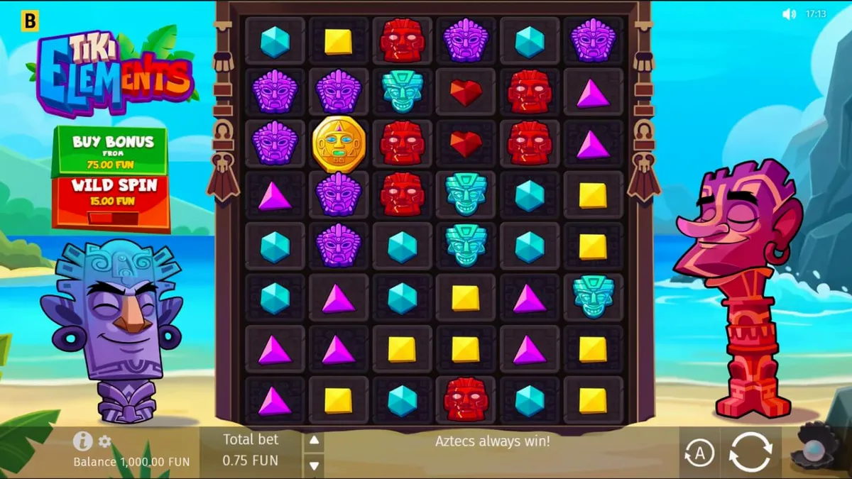 Makulay na disenyo ng Tiki Elements slot na may mga tribal mask at tropikal na background.
