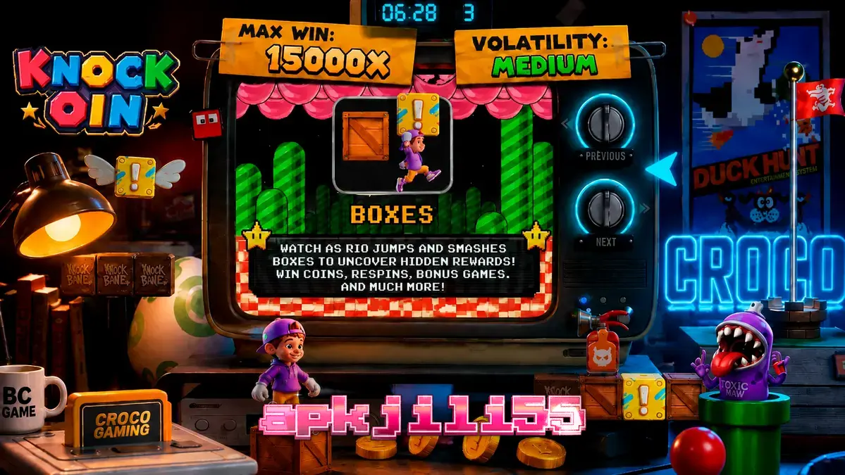 Tampilan layar permainan slot KNOCKOIN dengan nuansa retro 8-bit